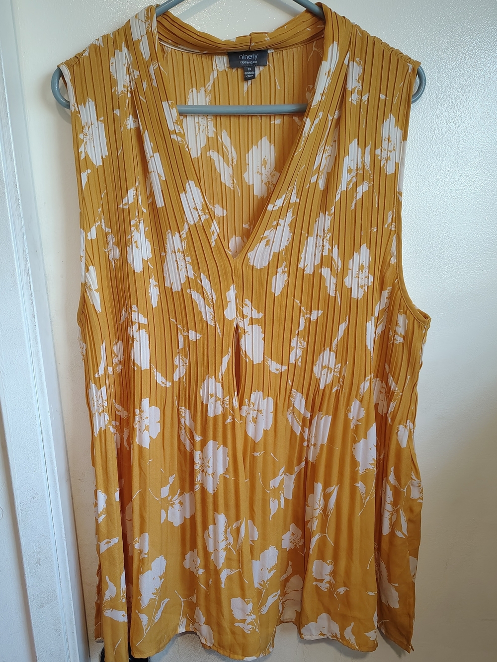 Ninety Mustard Yellow Sleeveless Pleated Abstract Floral V-Neck Blouse